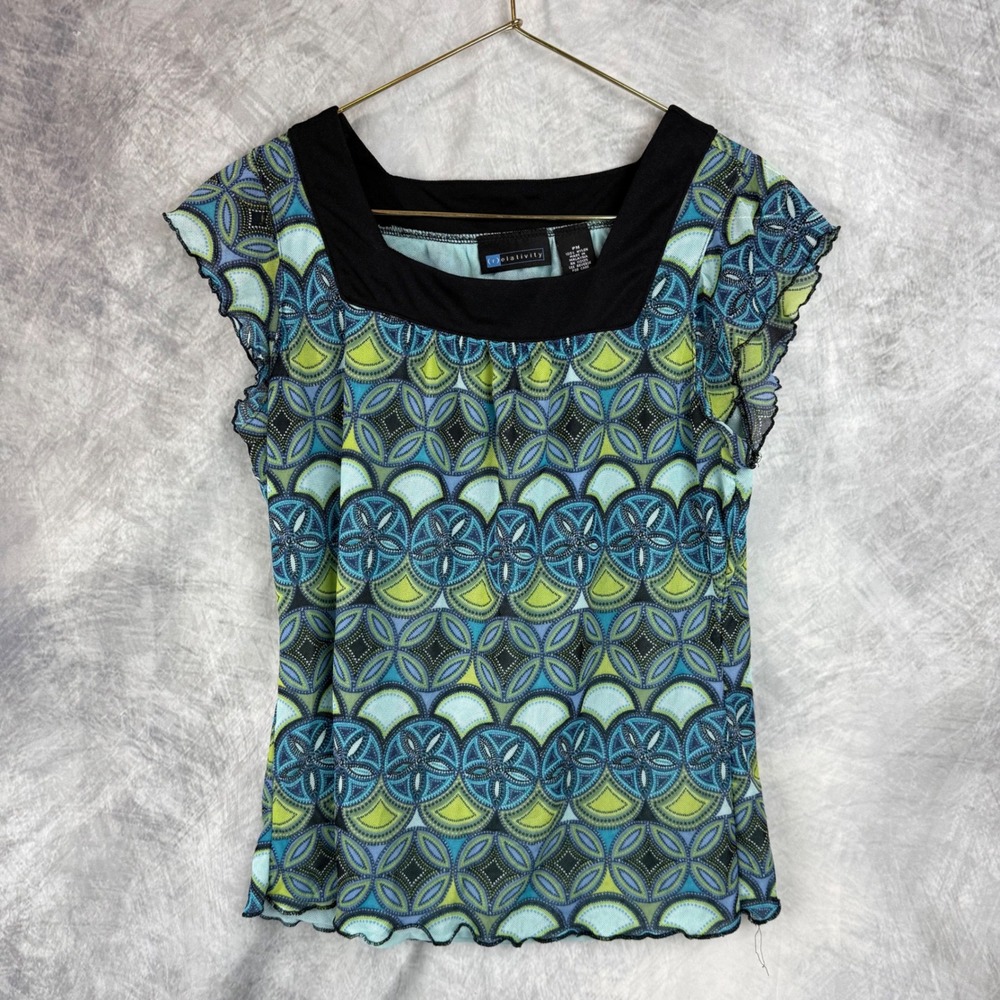 Y2K Relativity Petite Med Blue Green Geometric Mesh Cap Sleeve Top Square Neck